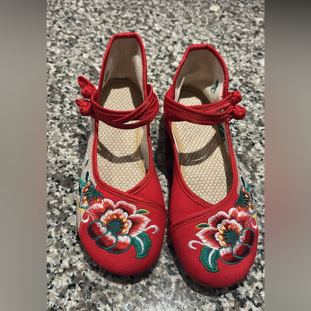 Embroidered Red Floral Women's Shoes